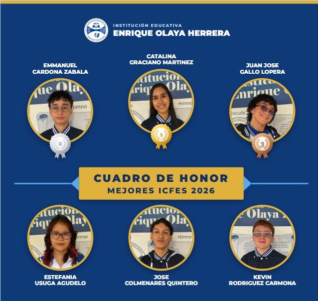 La imagen presenta el Cuadro de Honor de los Mejores ICFES 2026 de nuestra Institución. En el recuadro institucional aparecen las fotografías de seis estudiantes reconocidos por obtener resultados superiores a los 300 puntos en las Pruebas Saber 11°